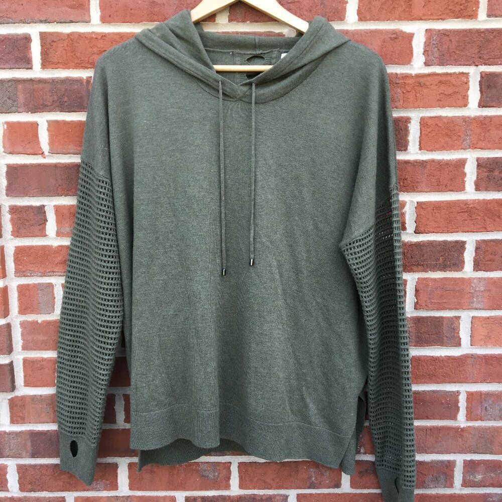 Stitches & Stripes Hooded Knit Sweater Top XL Olive Green Thumb Holes Boho